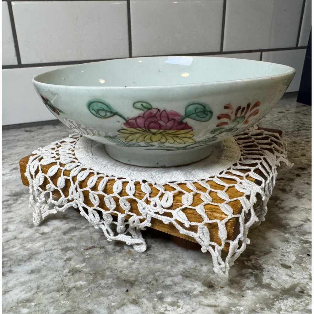 Vintage Chinese Hand Painted Floral Porcelain Bowl 7.25" Red Character Mark